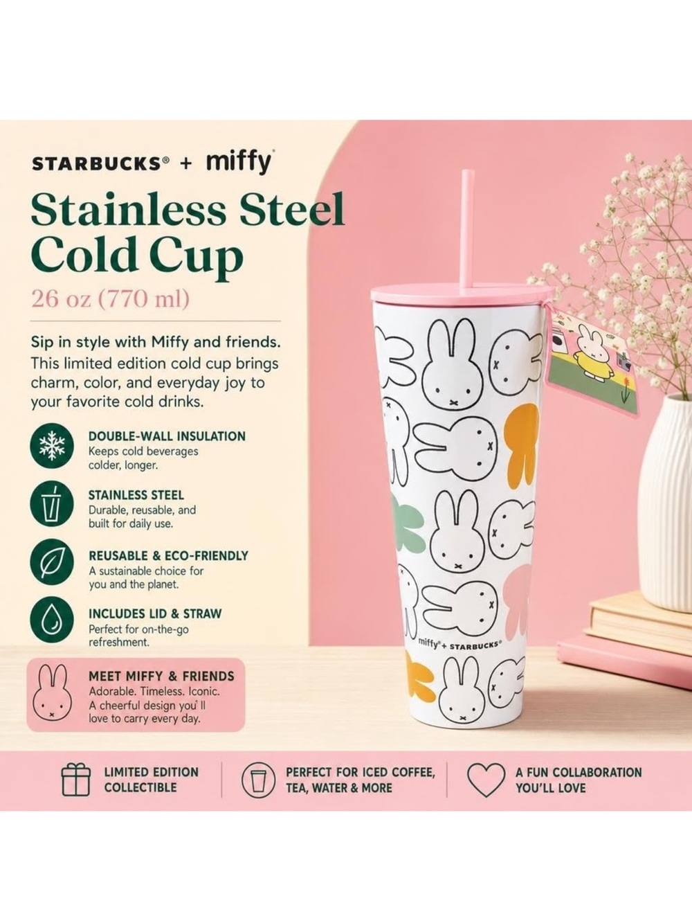 Starbucks x Miffy Pink Stainless Steel Cold Cup - 26 oz